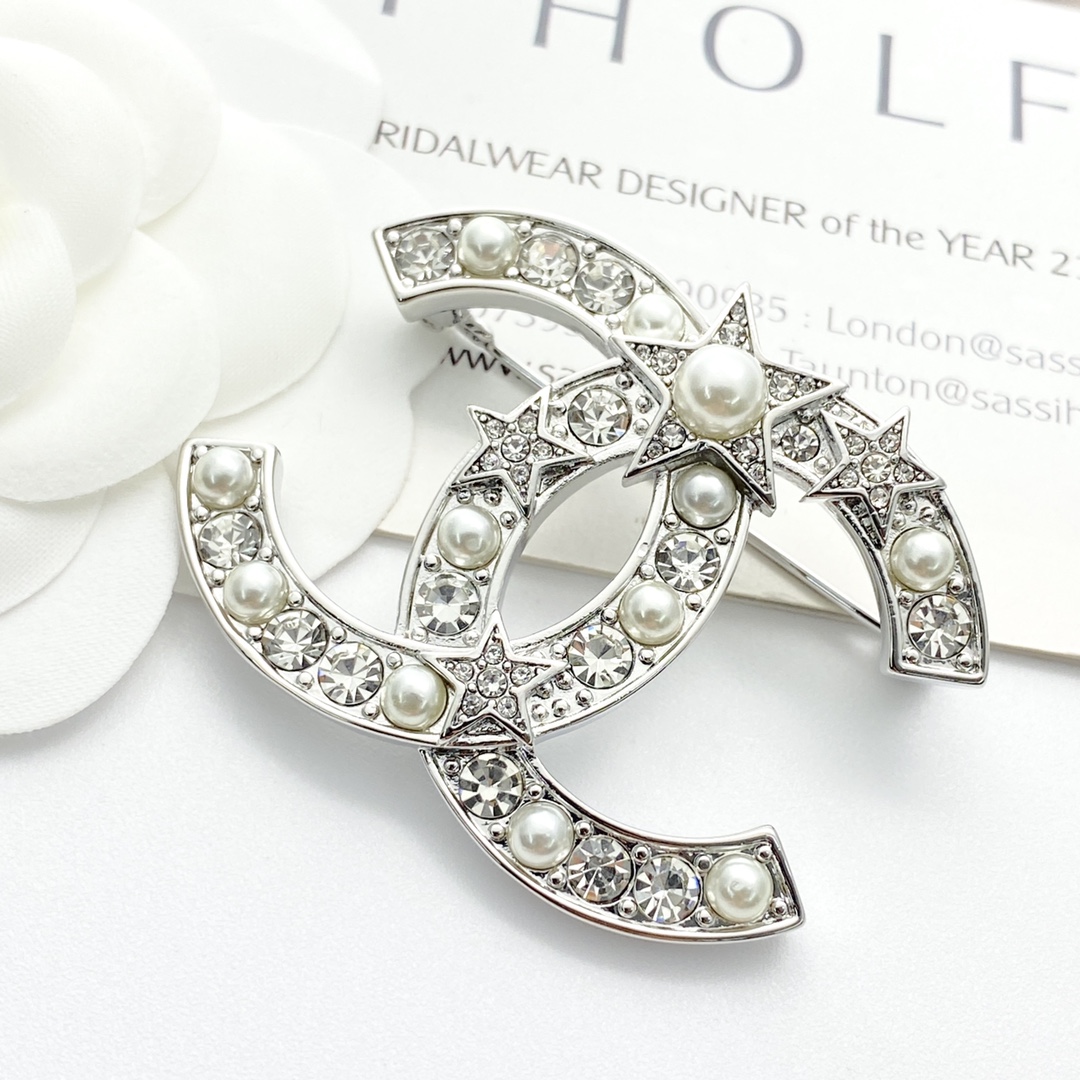 BCB568 Chanel crystal pearl star brooch pin Silver - ccjewelryacc
