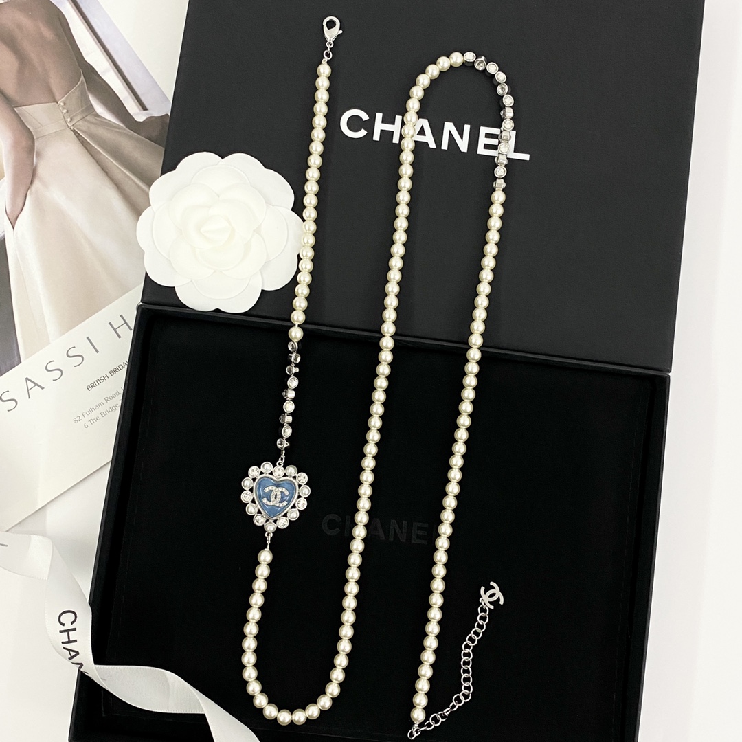 CCL098 Chanel Blue heart necklace pearl long chain - ccjewelryacc