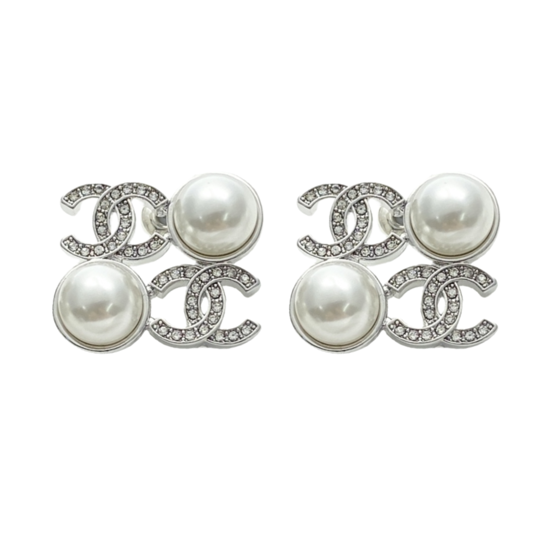CCE311 Chanel crystal double cc logo and pearl stud earrings for women white gold - ccfashionjewelry