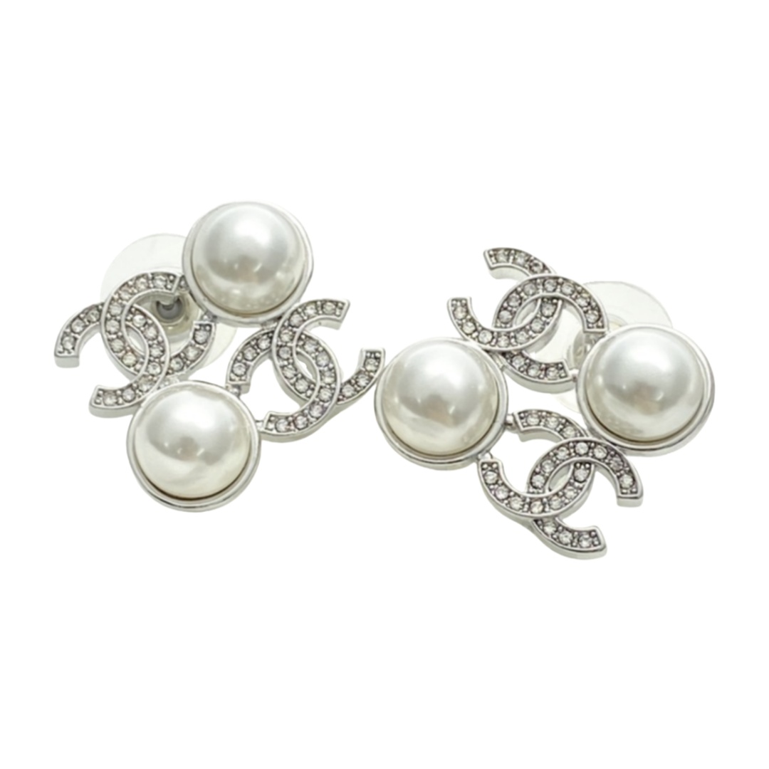 CCE311 Chanel crystal double cc logo and pearl stud earrings for women white gold - ccfashionjewelry