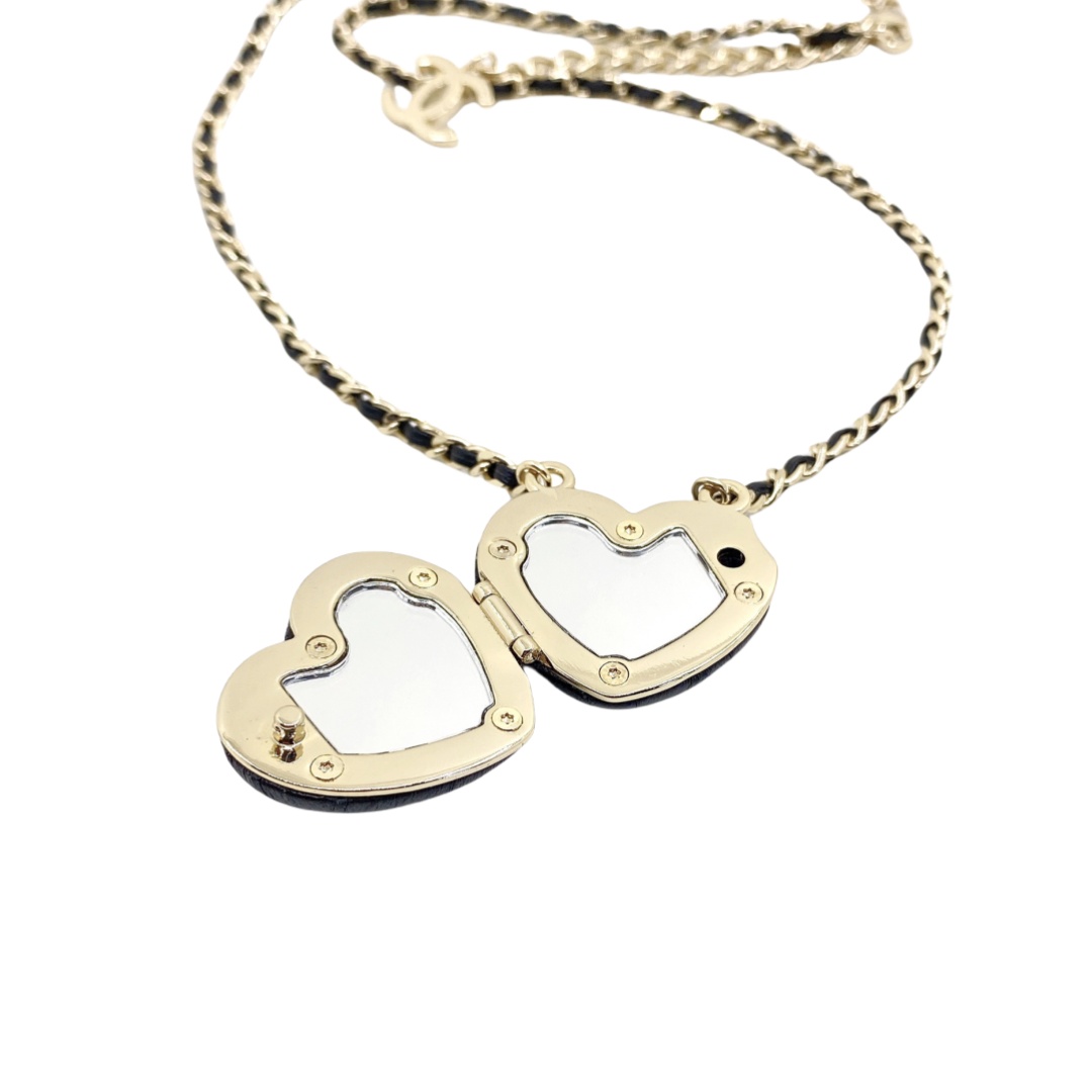 CCN150 Chanel Metal leather black heart mirror necklace - ccjewelryacc