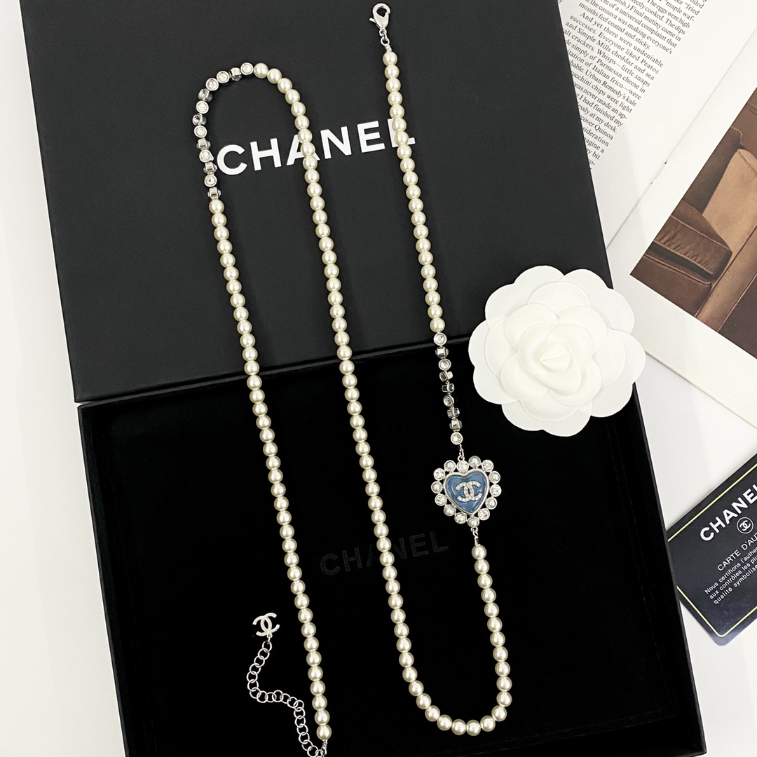 CCL098 Chanel Blue heart necklace pearl long chain - ccjewelryacc
