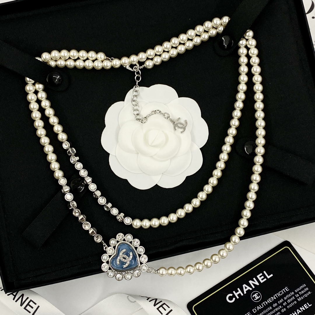 CCL098 Chanel Blue heart necklace pearl long chain - ccjewelryacc