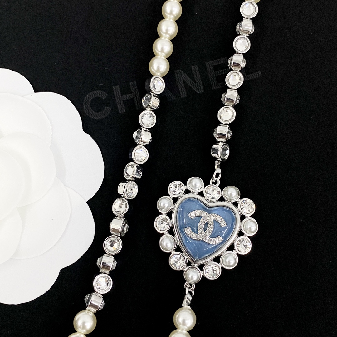 CCL098 Chanel Blue heart necklace pearl long chain - ccjewelryacc