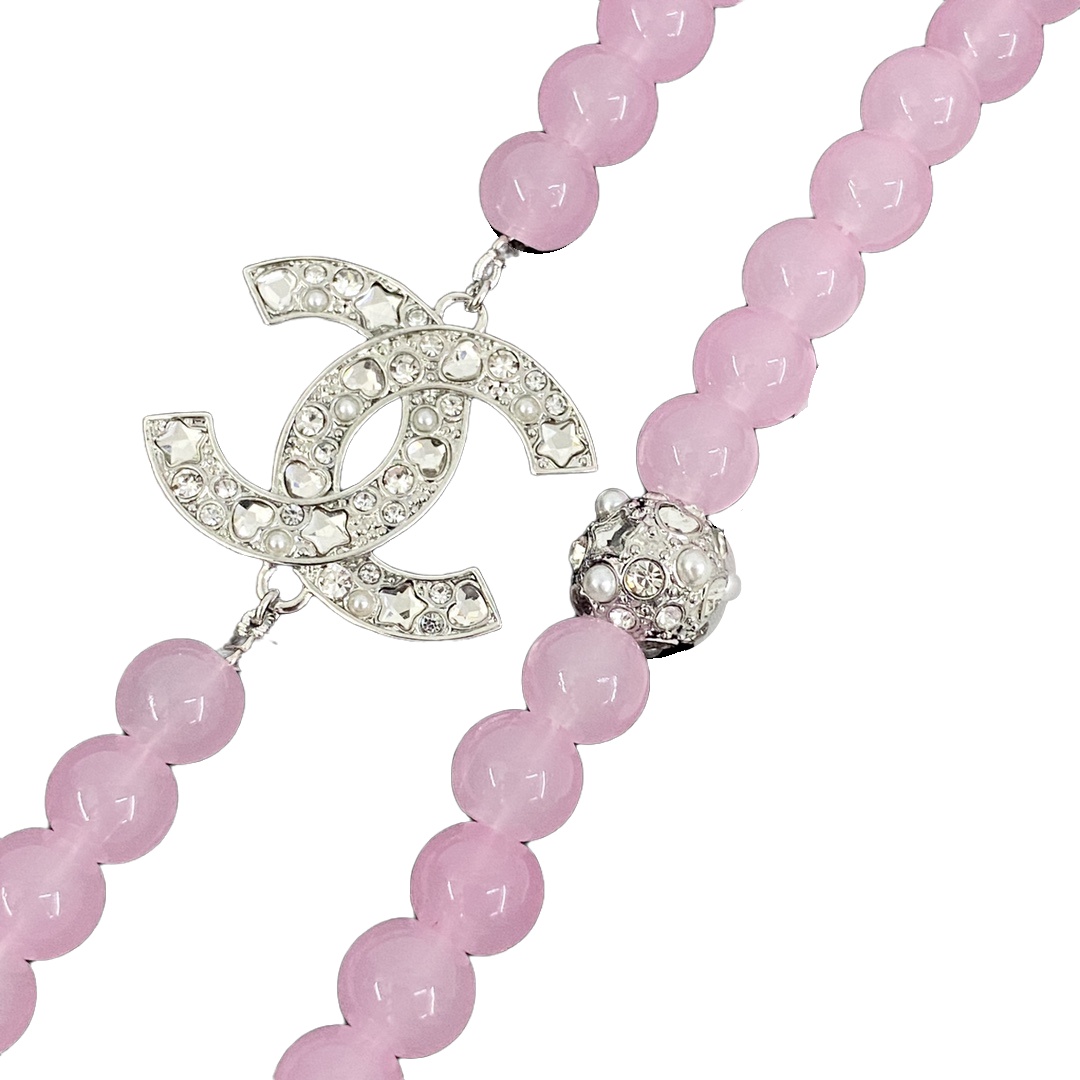 CCL099 25P Chanel Pink pearl crystal star heart long necklace chain - ccjewelryacc