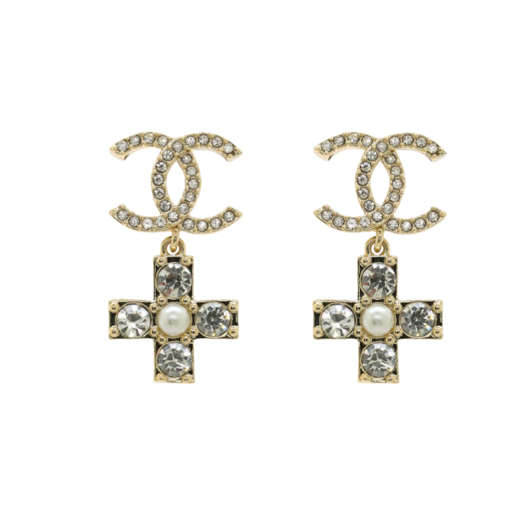 CCE317 Chanel crystal cc logo with cross earrings for women - ccfashionjewelry