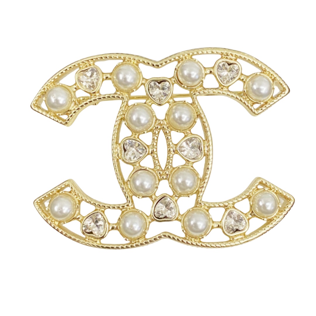 BCB573 Chanel Hollow heart crystal and pearls cc logo brooch pin - ccfashionjewelry