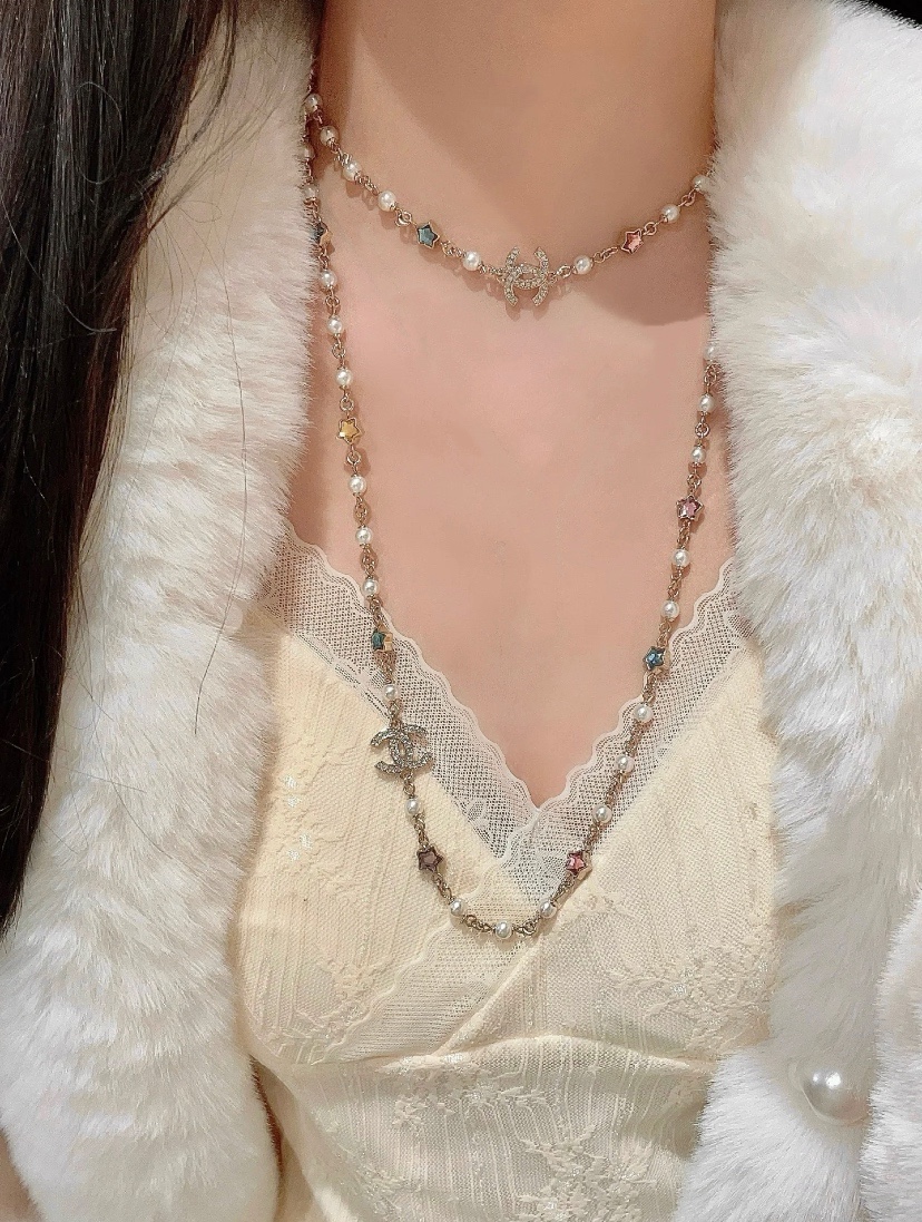 CCL100 25P Chanel Colored crystal stars pearl sweater chain long necklace - ccjewelryacc