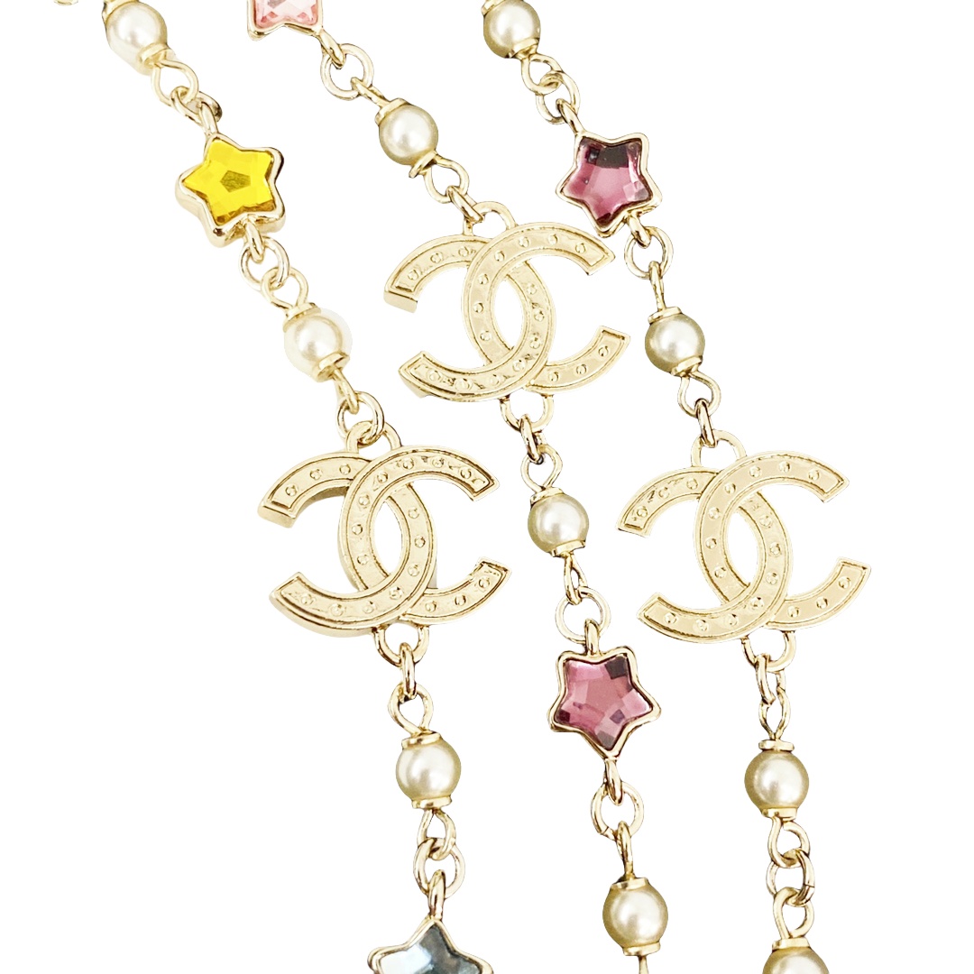 CCL100 25P Chanel Colored crystal stars pearl sweater chain long necklace - ccjewelryacc