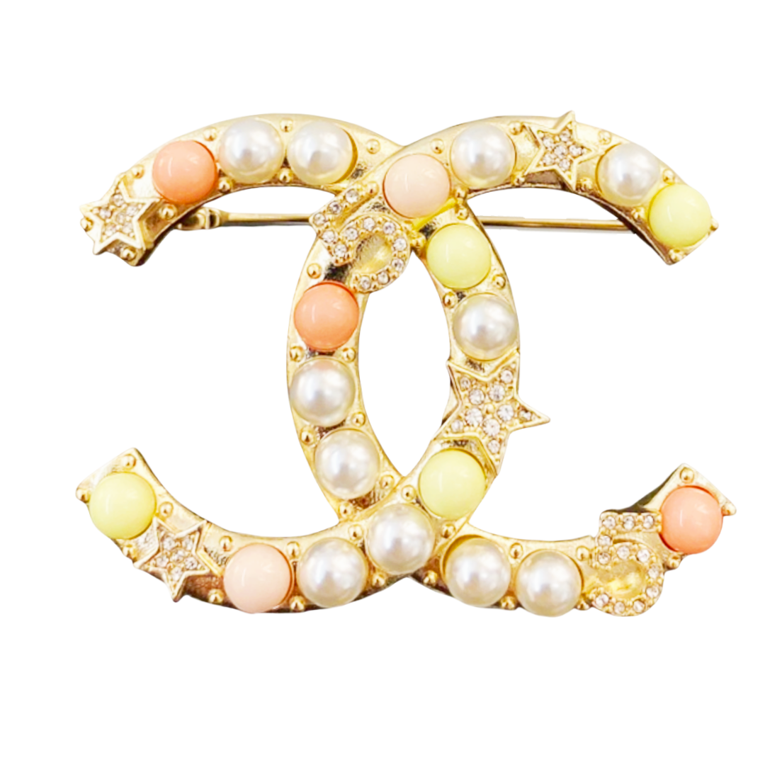 BCB379 Crystal star No 5 pink and white pearl cc logo brooch pin - ccfashionjewelry