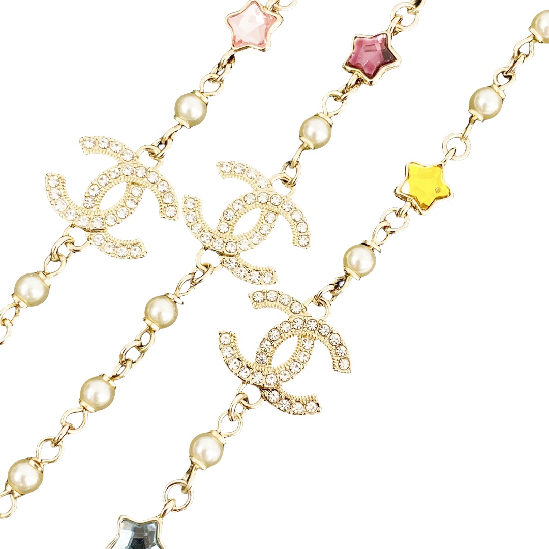 CCL100 25P Chanel Colored crystal stars pearl sweater chain long necklace - ccjewelryacc