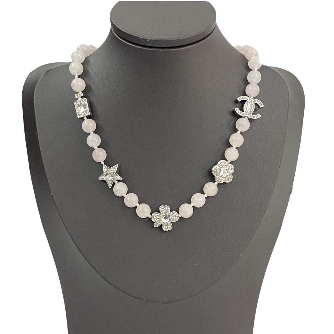CCN121 Chanel 25p White gold Pink crystal necklace - ccfashionjewelry