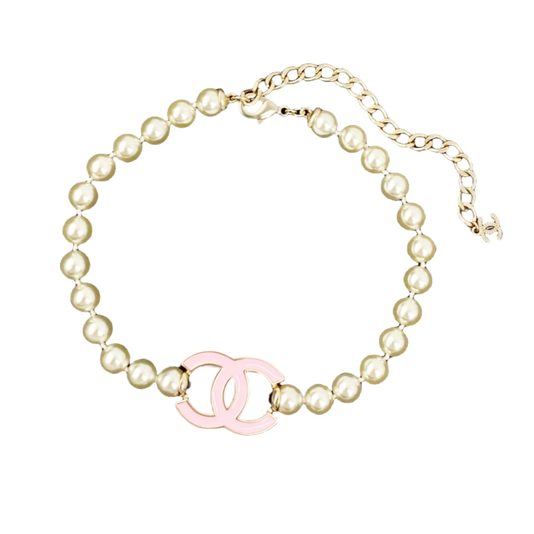 CCN202 Chanel 25 Pink enamel CC pearl choker necklace - ccjewelryacc