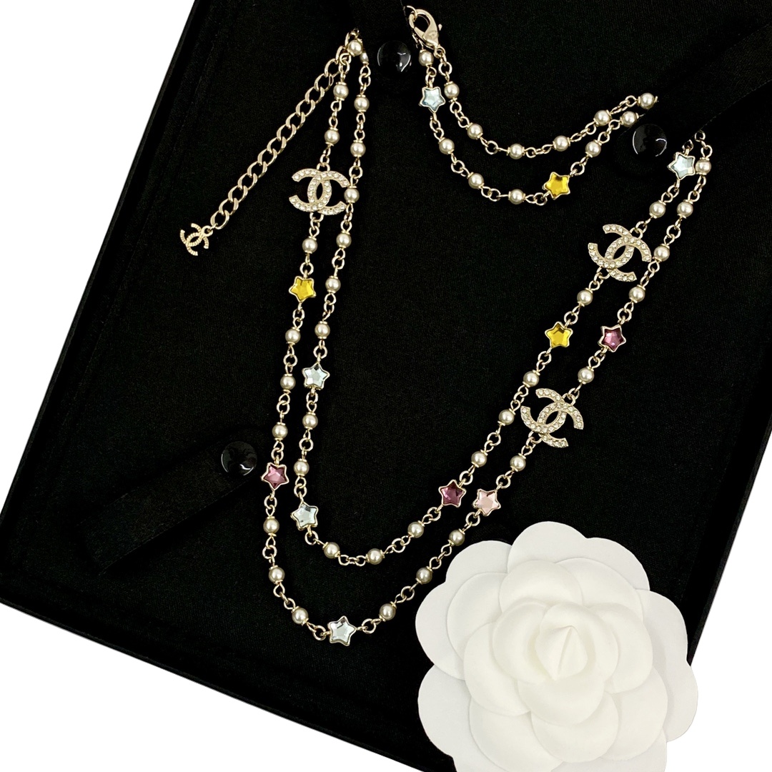 CCL100 25P Chanel Colored crystal stars pearl sweater chain long necklace - ccjewelryacc