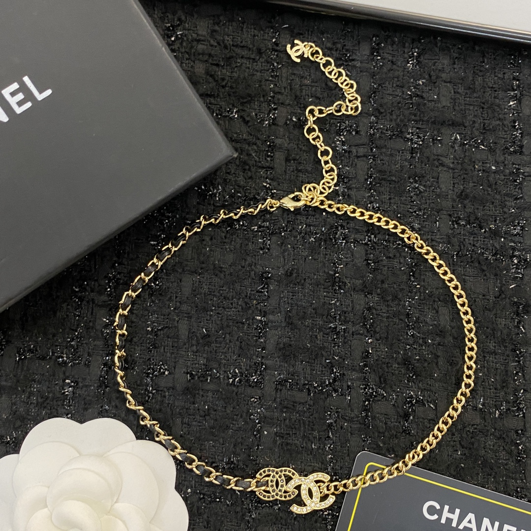 CCN097 Chanel Metal leater double cc choker necklace - ccjewelryacc