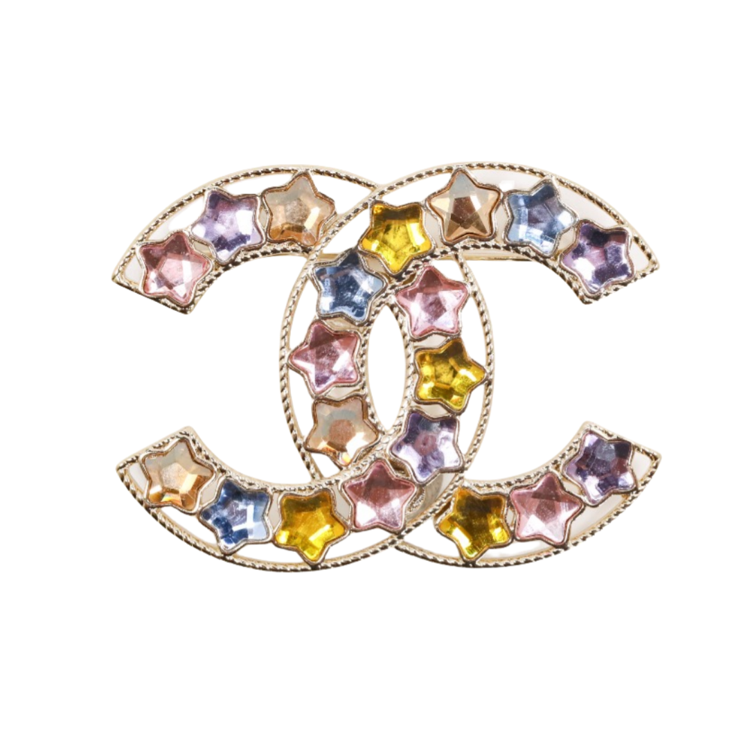 BCB577 Chanel colored crystal stars cc logo brooch pin - ccfashionjewelry