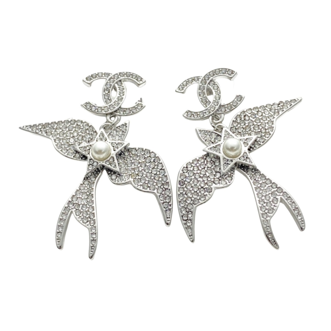 CCE334 Chanel 25 Silver aerial bird earrings with crystal - ccfashionjewelry