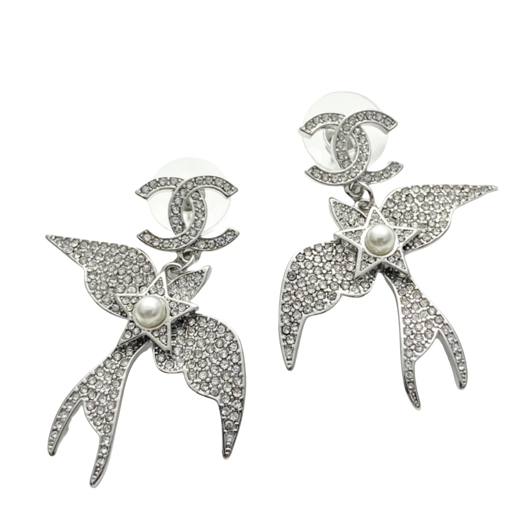 CCE334 Chanel 25 Silver aerial bird earrings with crystal - ccfashionjewelry