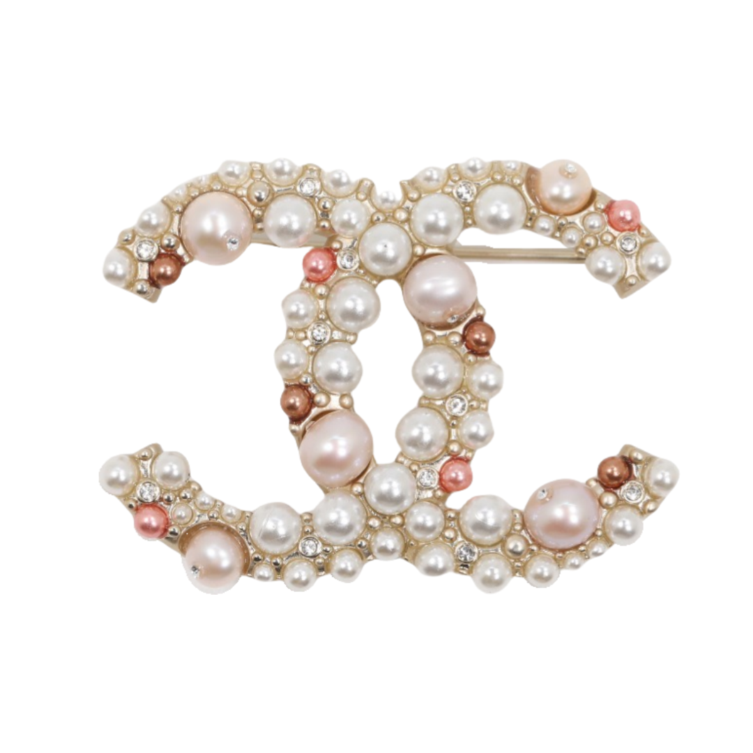 BCB582 Chanel Colored pearl crystal cc logo brooch pin - ccfashionjewelry