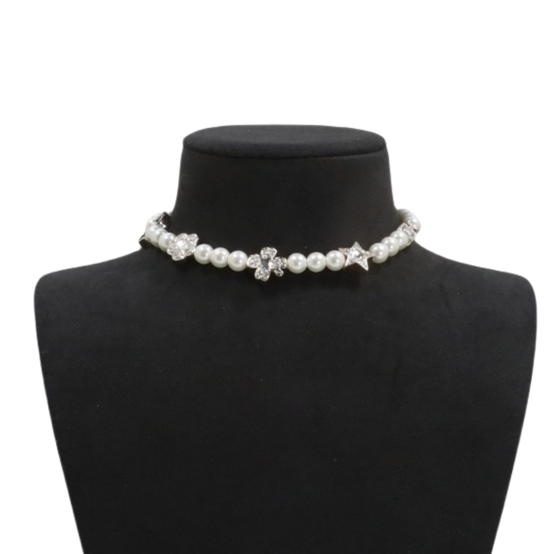 CCN213 Chanel four clover flower star cc logo pearl choker necklace for women - ccfashionjewelry