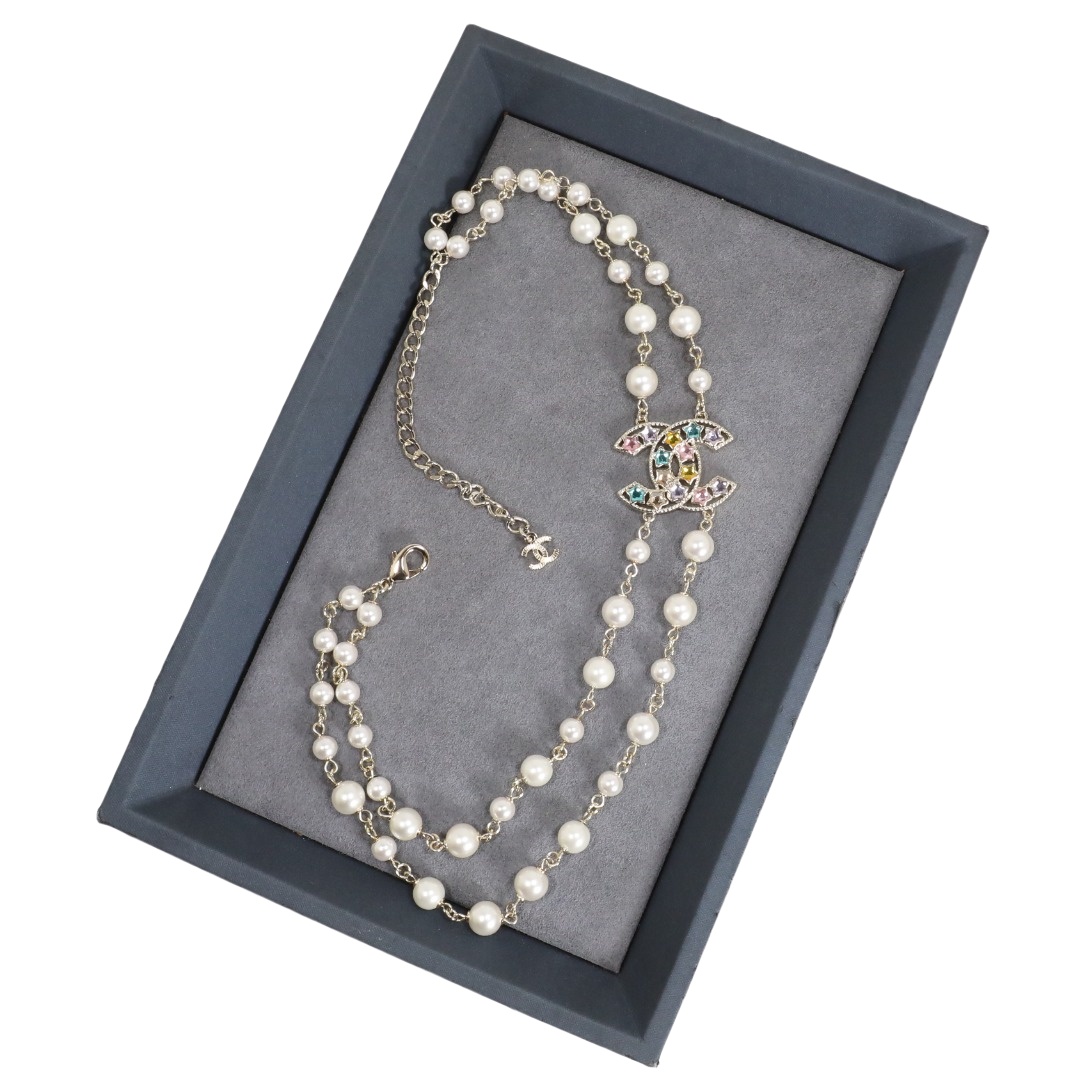 CCN220 Color crystal star cc logo pearl choker necklace - ccfashionjewelry