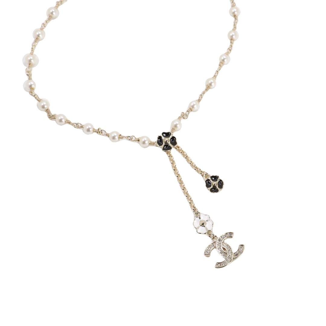 CCN271 Chanel black and white enamel flower tassels necklace for women - ccjewelryacc