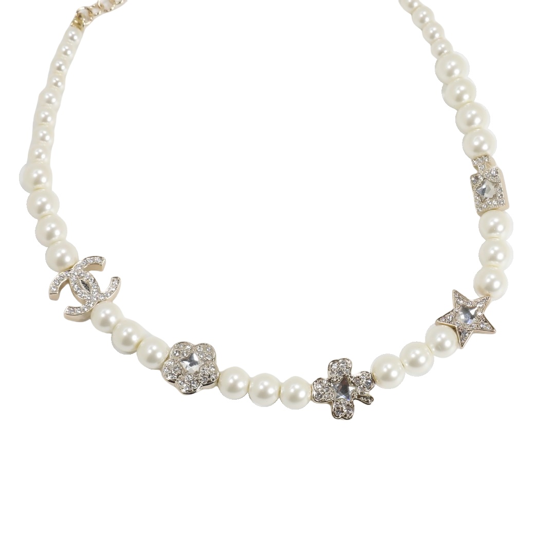 CCN213 Chanel four clover flower star cc logo pearl choker necklace for women - ccfashionjewelry