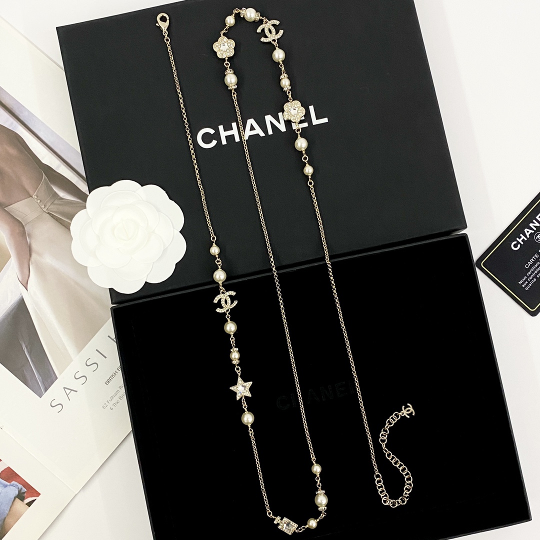 CCL101 25P Chanel crystal flower star perfume bottle cc logo pearl long chain sweater necklace for women - ccjewelryacc