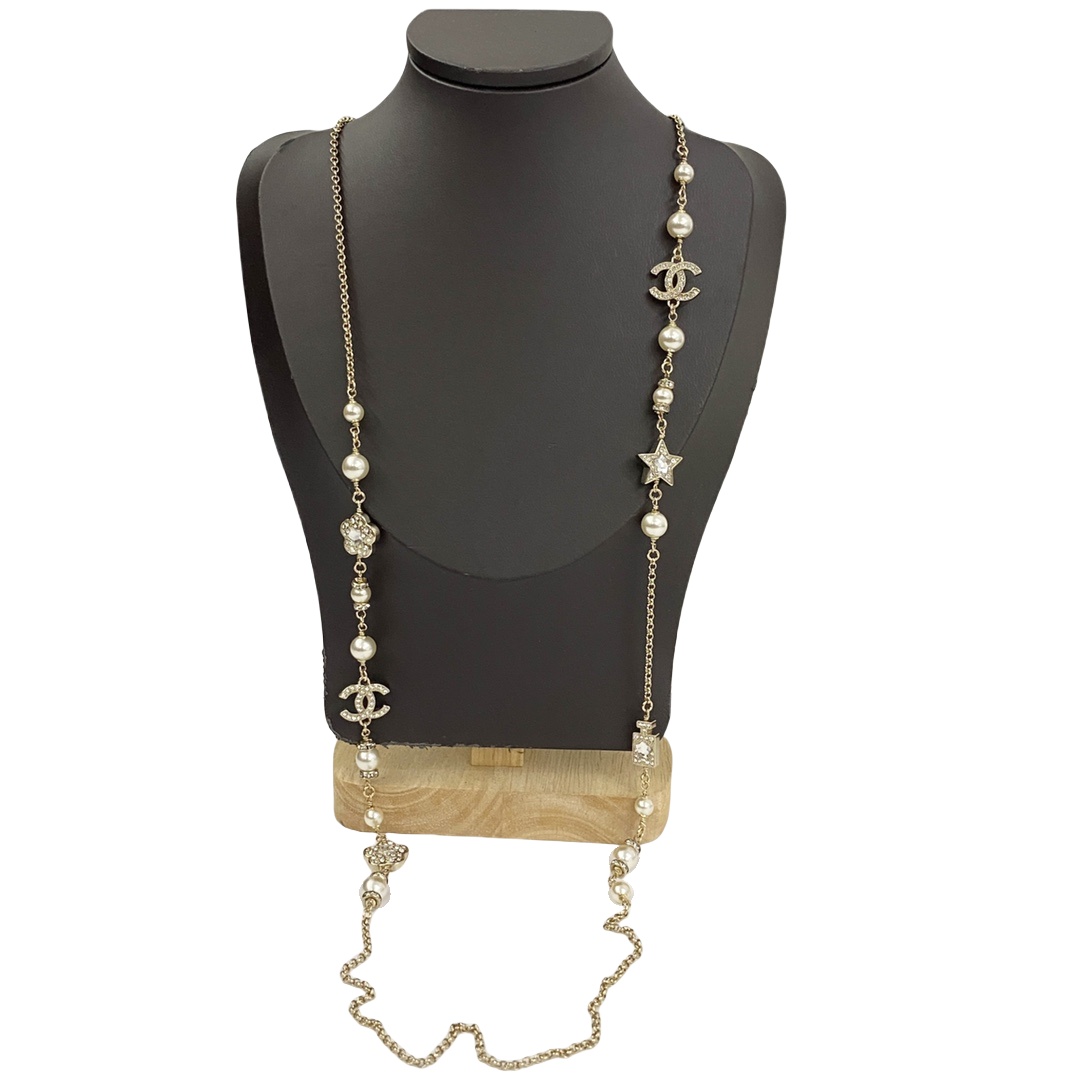 CCL101 25P Chanel crystal flower star perfume bottle cc logo pearl long chain sweater necklace for women - ccfashionjewelry