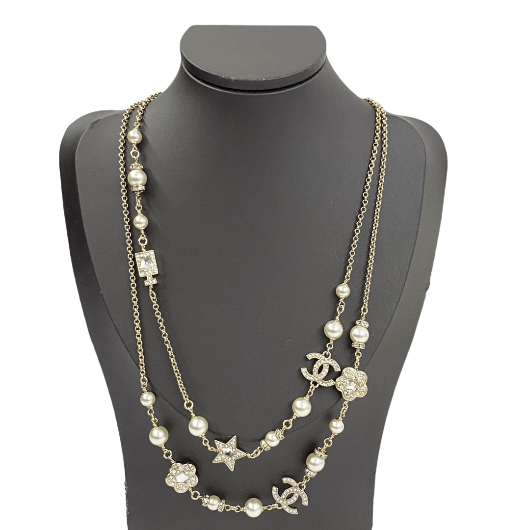 CCL101 25P Chanel crystal flower star perfume bottle cc logo pearl long chain sweater necklace for women - ccfashionjewelry