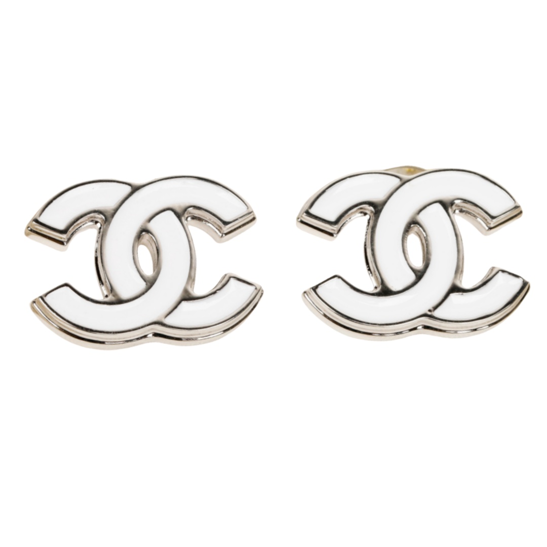 CCE345 Chanel White Gold White enamel cc logo stud earrings for women - ccfashionjewelry
