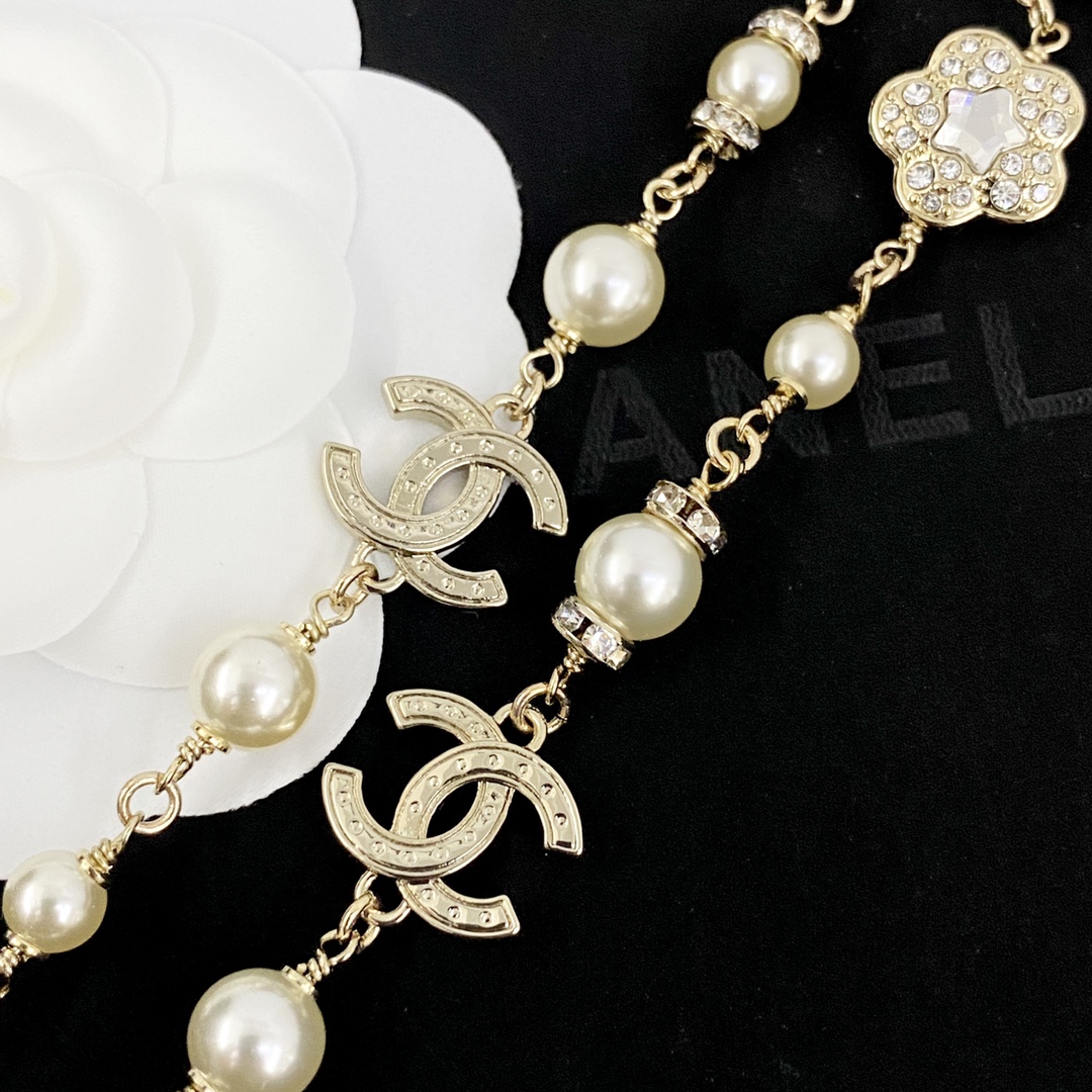 CCL101 25P Chanel crystal flower star perfume bottle cc logo pearl long chain sweater necklace for women - ccjewelryacc