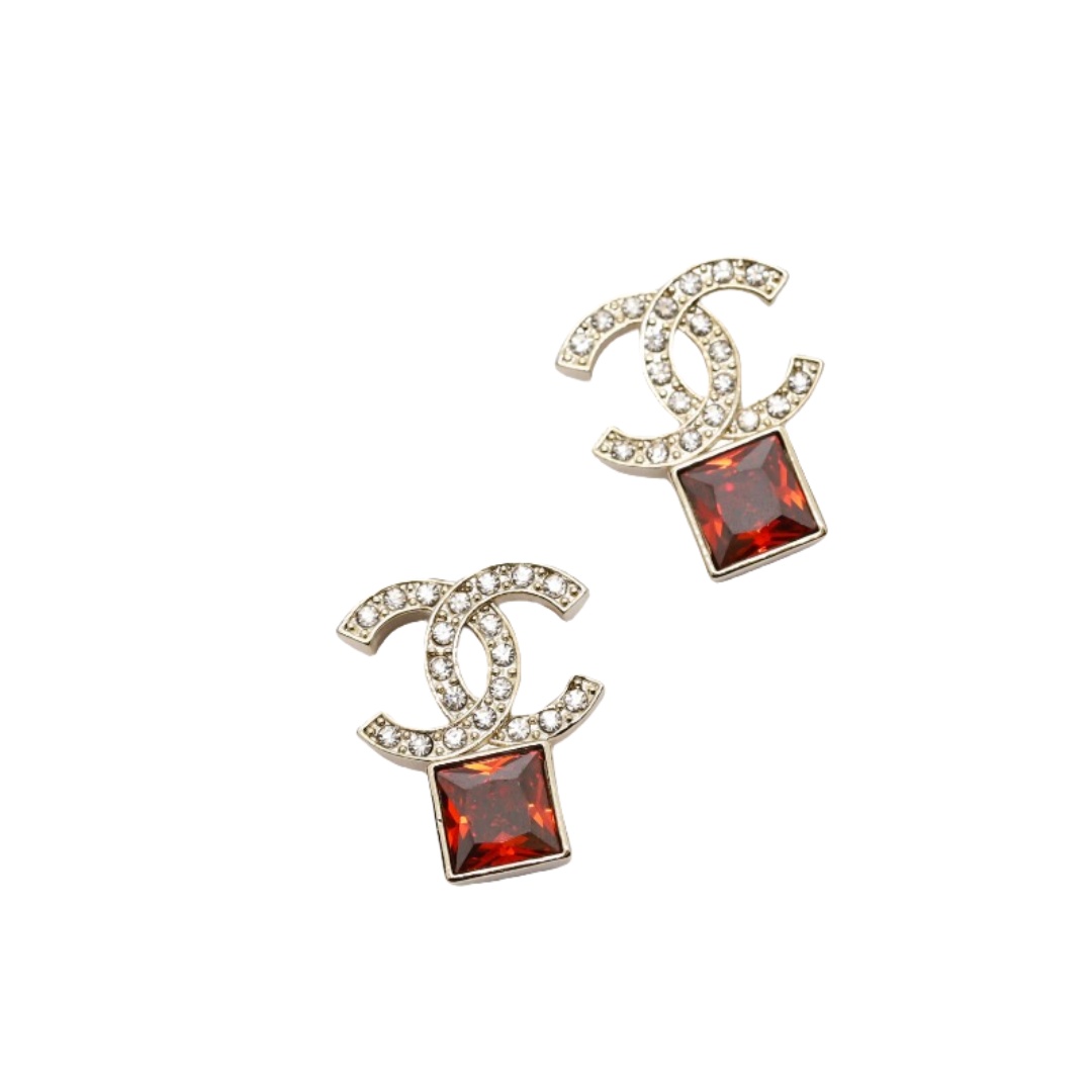 CCE401 Chanel red crystal cc logo stud earrings for women - ccjewelryacc