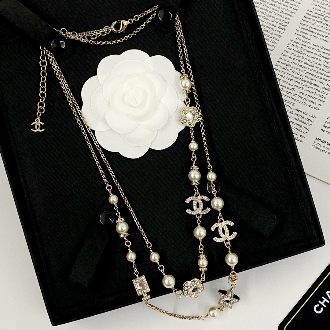 CCL101 25P Chanel crystal flower star perfume bottle cc logo pearl long chain sweater necklace for women - ccjewelryacc