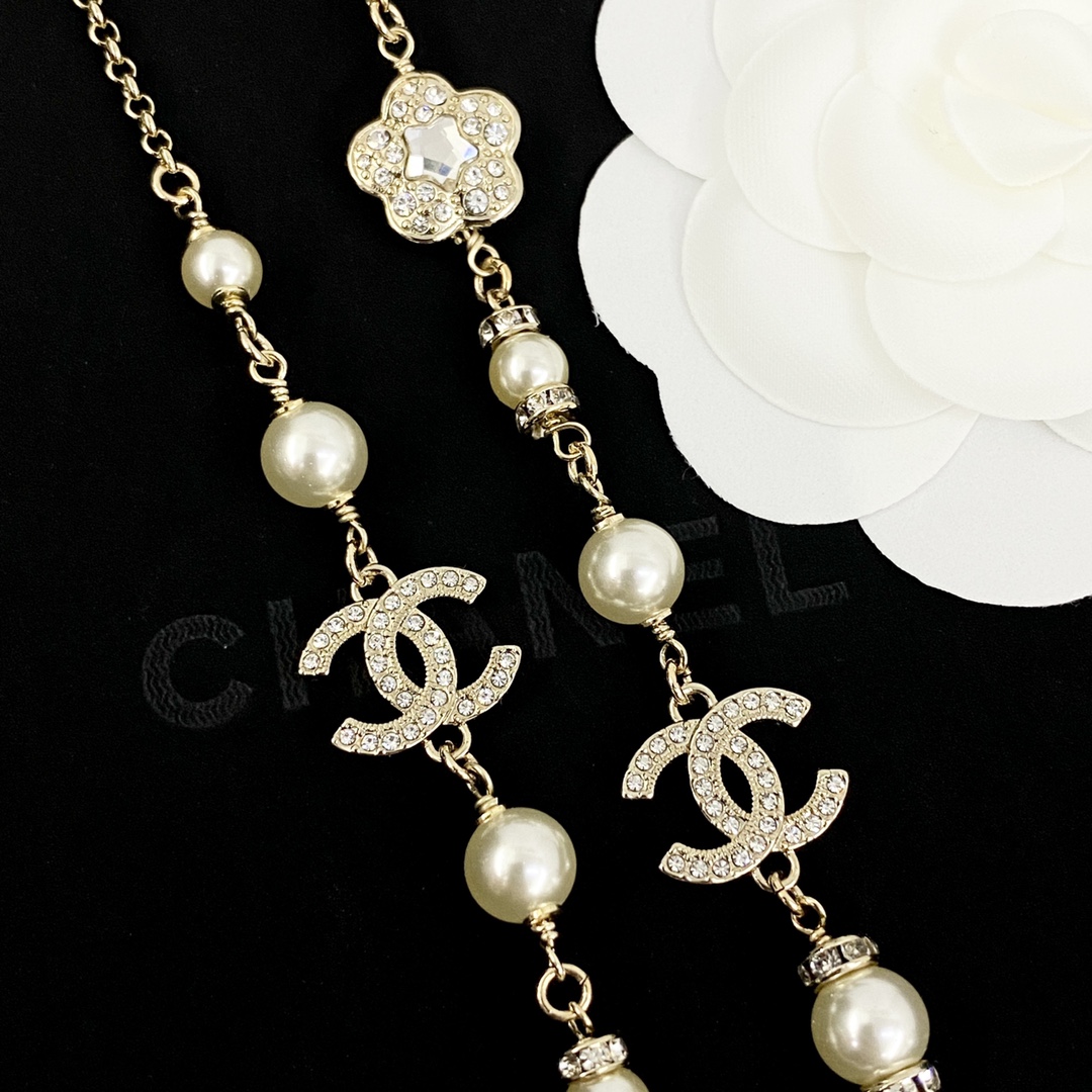 CCL101 25P Chanel crystal flower star perfume bottle cc logo pearl long chain sweater necklace for women - ccjewelryacc