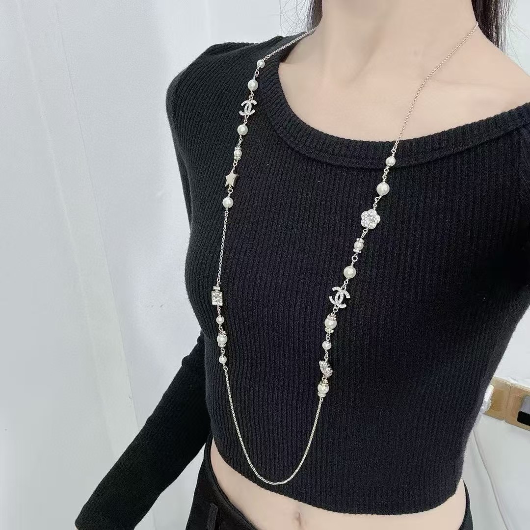 CCL101 25P Chanel crystal flower star perfume bottle cc logo pearl long chain sweater necklace for women - ccjewelryacc