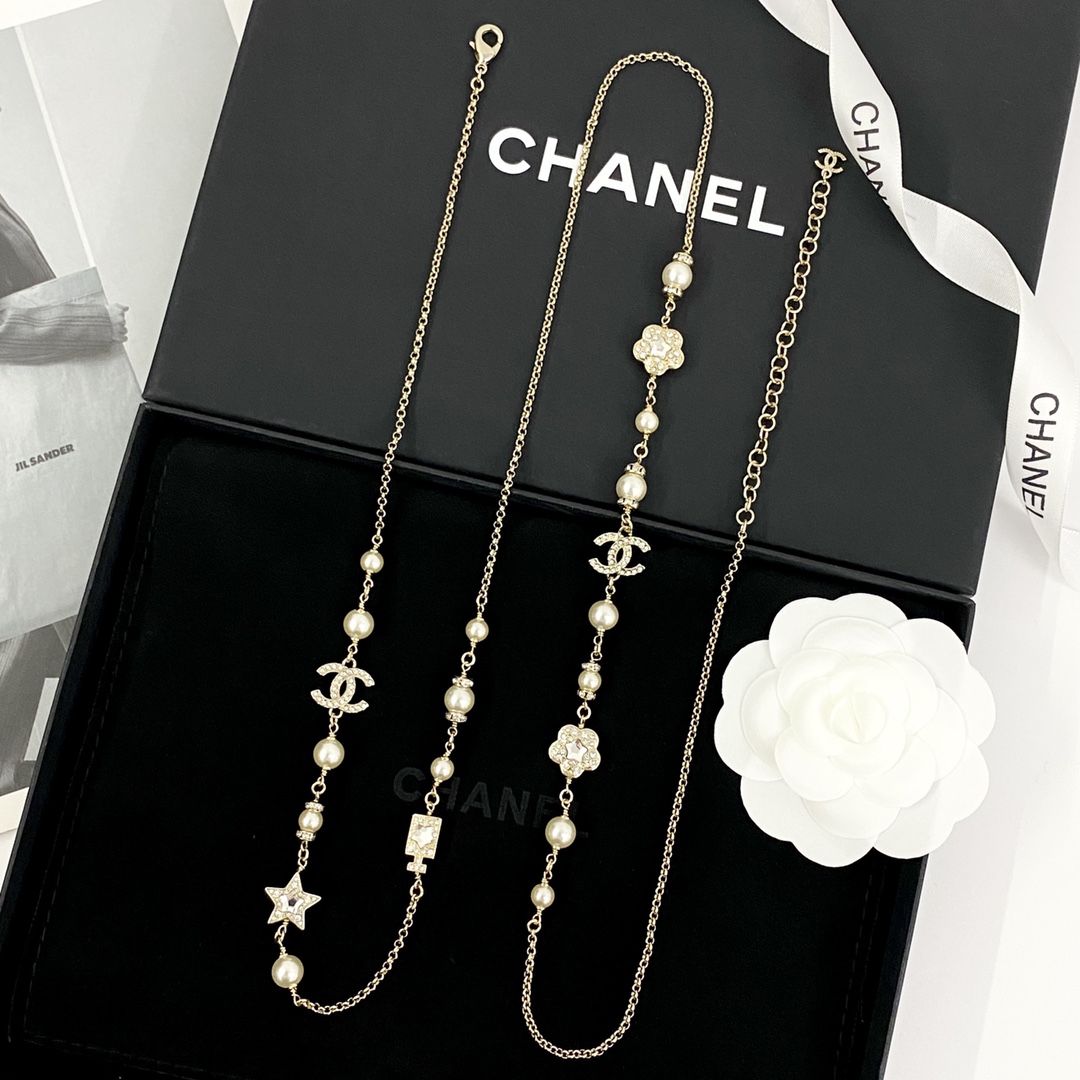 CCL101 25P Chanel crystal flower star perfume bottle cc logo pearl long chain sweater necklace for women - ccjewelryacc