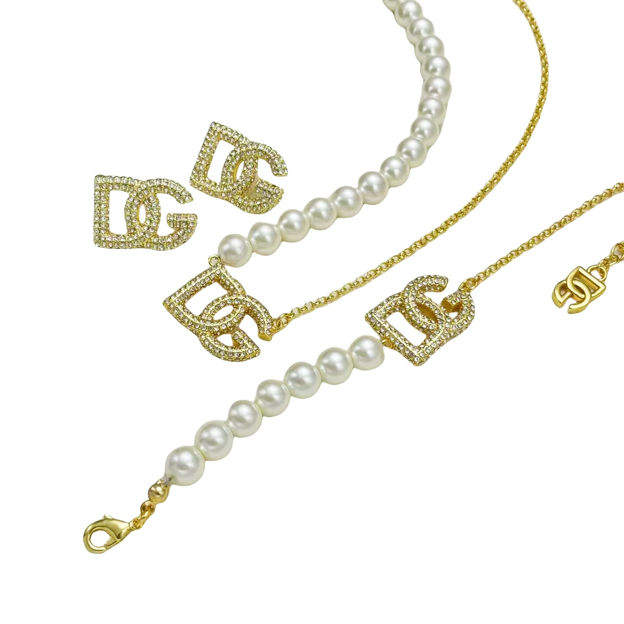 DGT018 Dolce gabbana crystal DG Logo pearl choker necklace bracelet earring set - ccfashionjewelry