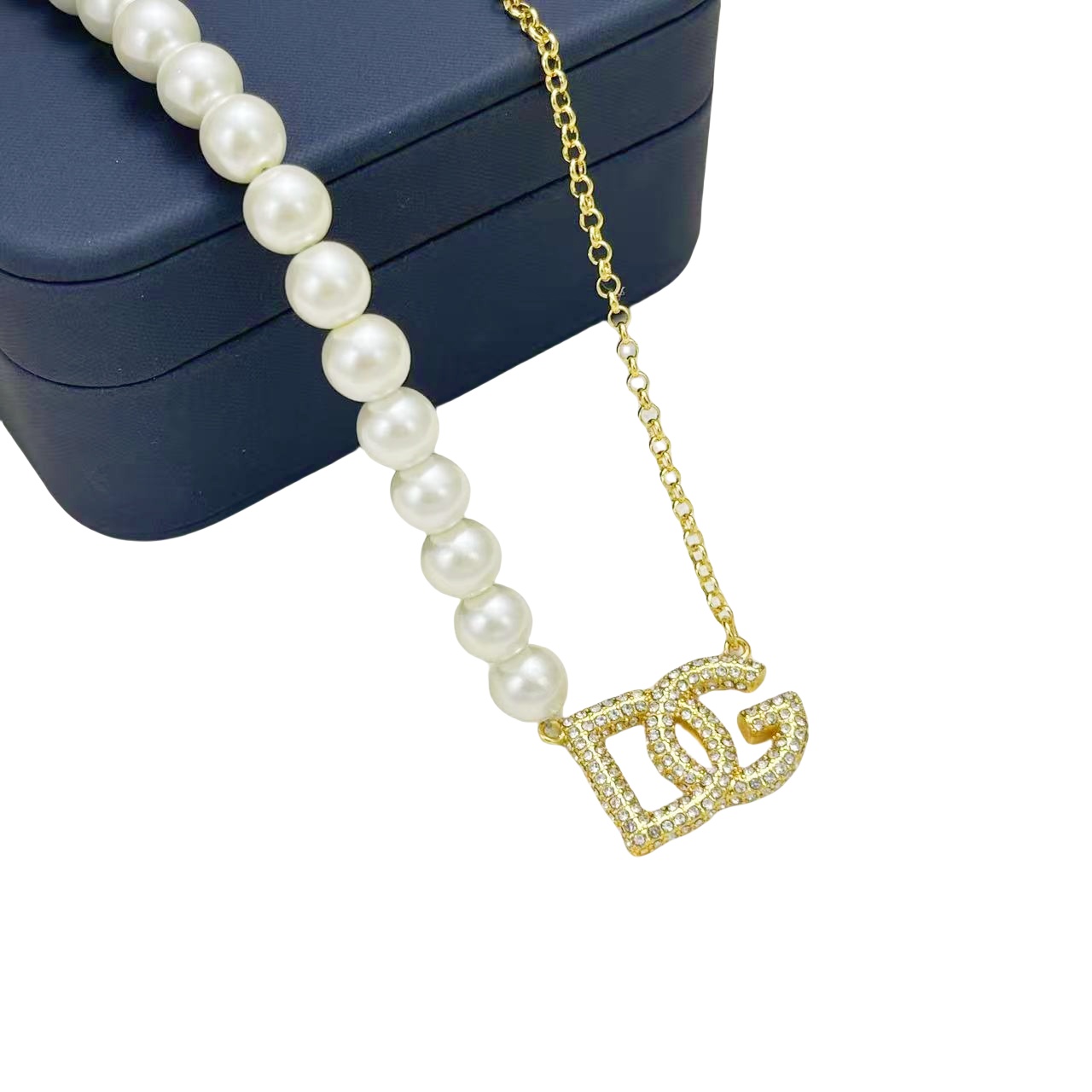 DGT018 Dolce gabbana crystal DG Logo pearl choker necklace bracelet earring set - ccjewelryacc