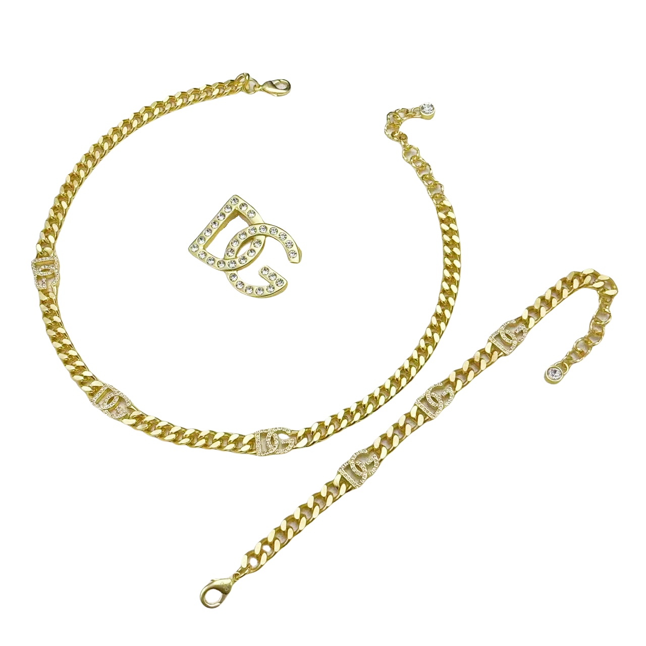 DGT023 Dolce gabbana crystal DG Logo choker necklace, bracelet, brooch set for women - ccfashionjewelry