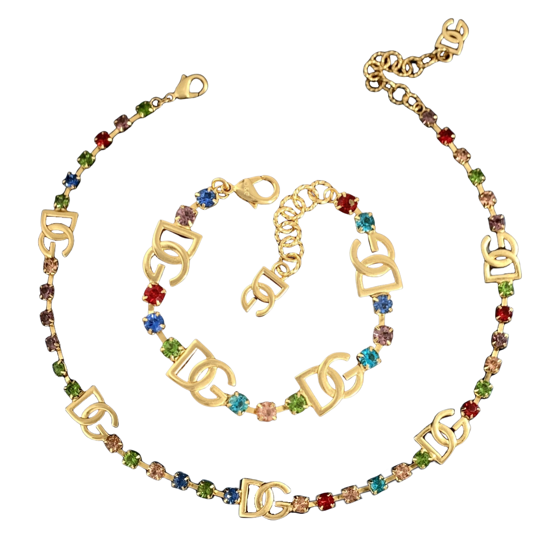 DGT003 DG logo colorful crystal tennis necklace bracelet set - ccfashionjewelry
