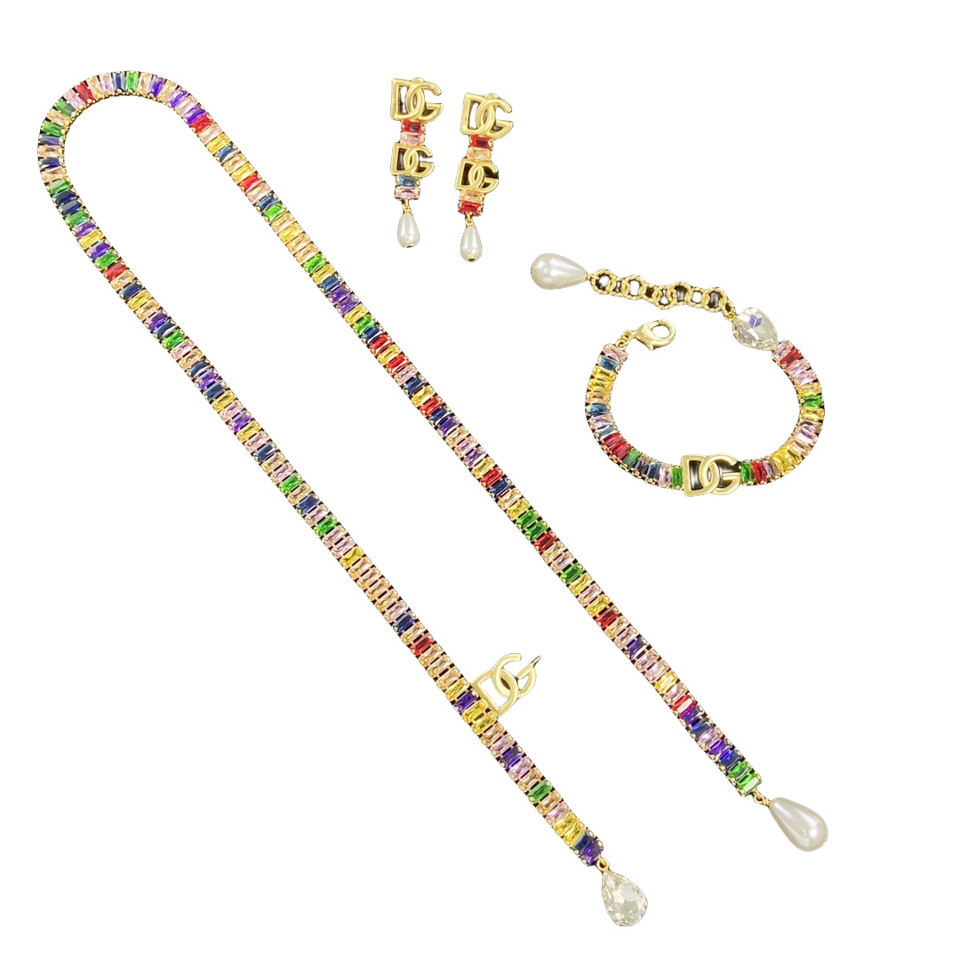 DGT024 Dolce gabbana Colored crystal DG Logo Y Tassels necklace, bracelet, earring set for women - ccfashionjewelry