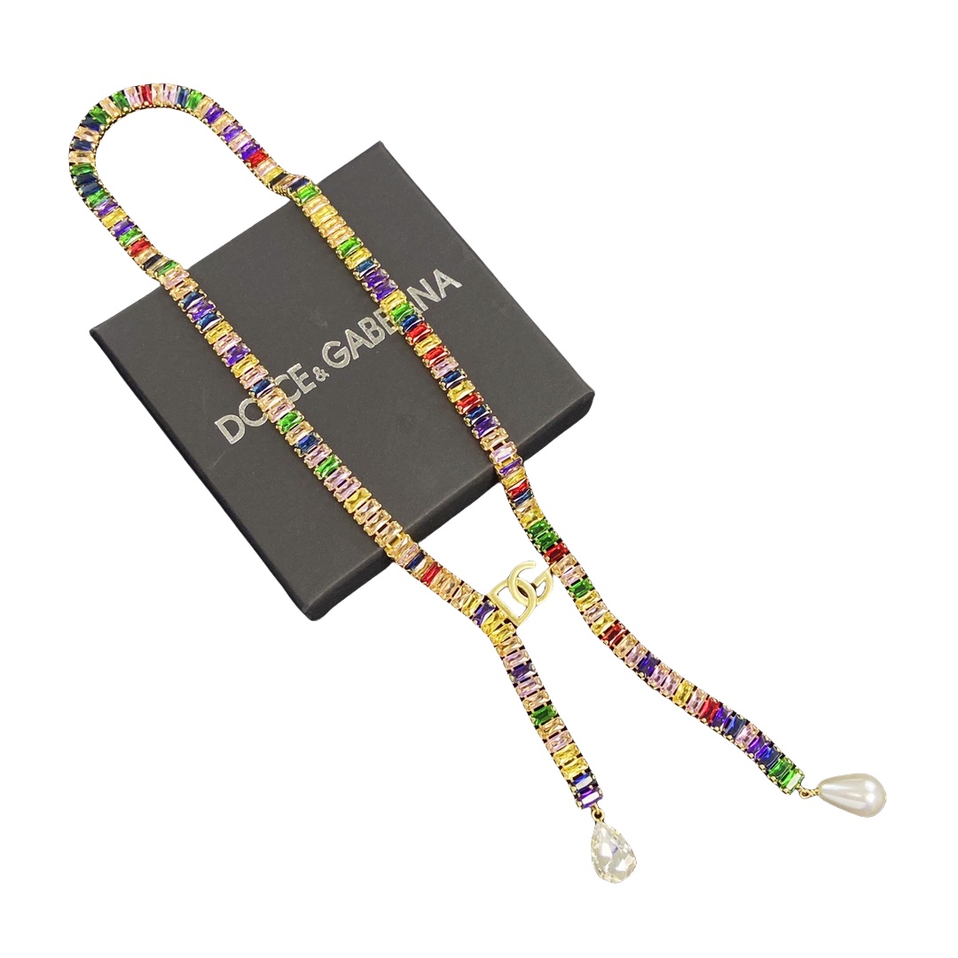 DGN005 Dolce gabbana Colored crystal DG Logo Y Tassels necklace - ccfashionjewelry