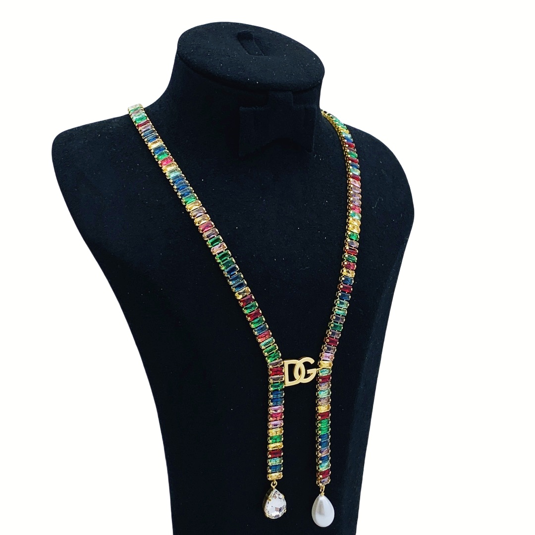 DGN005 Dolce gabbana Colored crystal DG Logo Y Tassels necklace - ccfashionjewelry