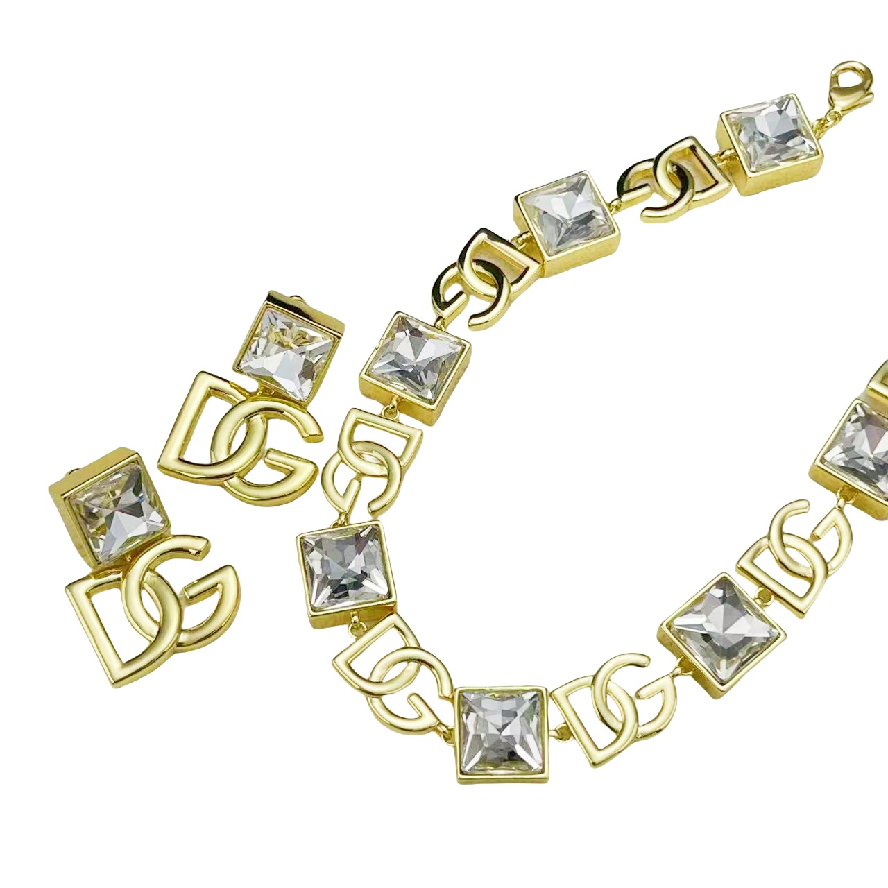 DGT025 Dolce gabbana Square diamond choker necklace and earrings set - ccfashionjewelry