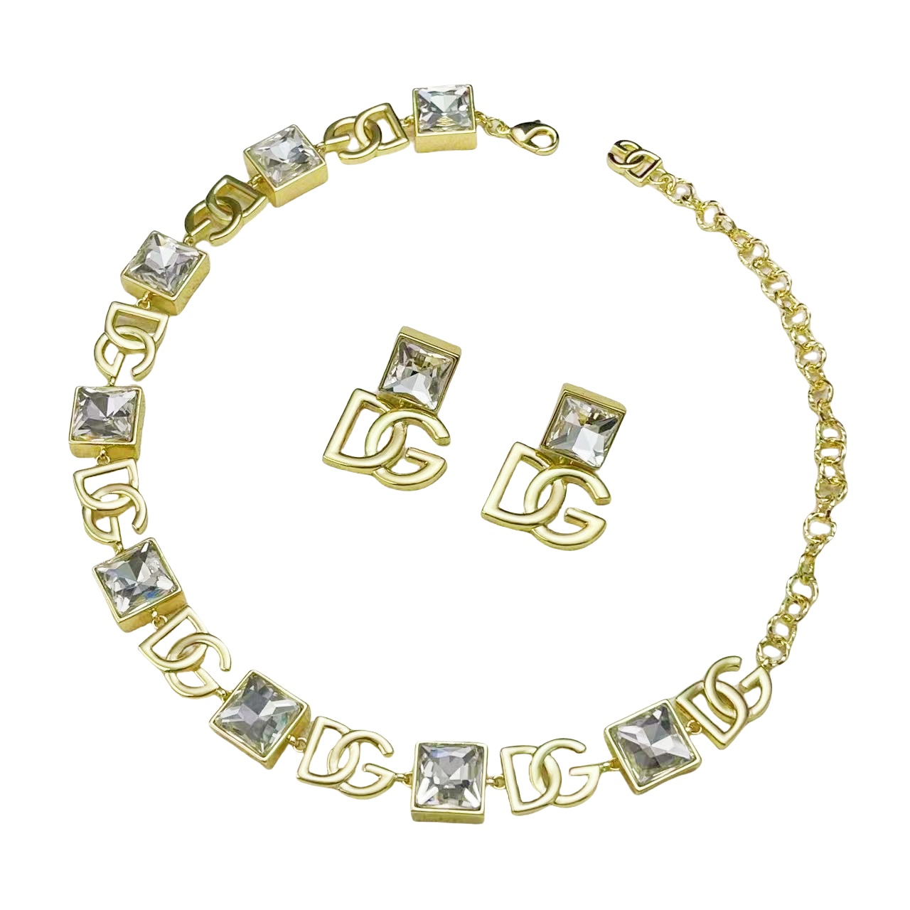 DGT025 Dolce gabbana Square diamond choker necklace and earrings set - ccfashionjewelry