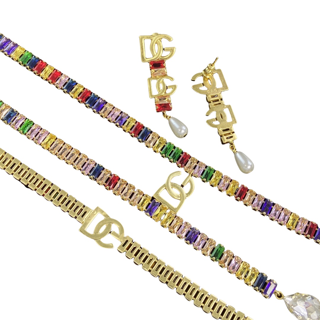 DGT024 Dolce gabbana Colored crystal DG Logo Y Tassels necklace, bracelet, earring set for women - ccfashionjewelry