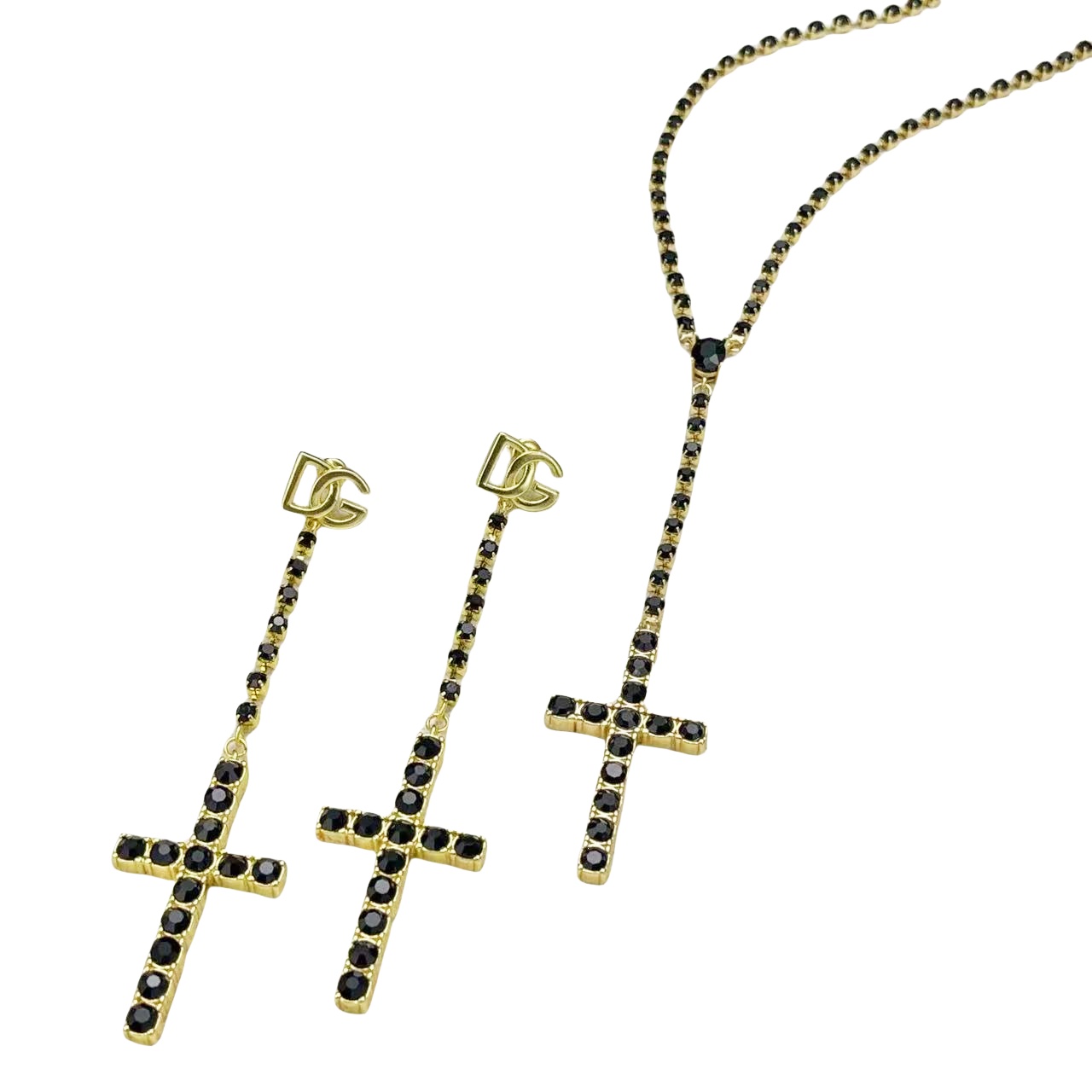 DGT029 Dolce gabbana black stone cross pendant necklace and earrings set - ccfashionjewelry