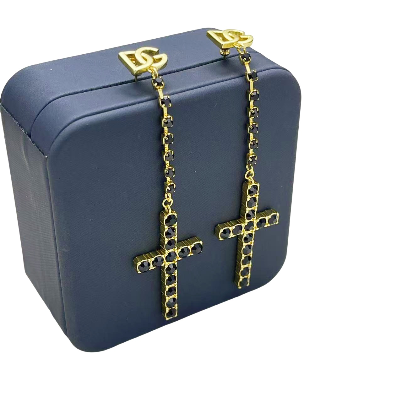 DGT029 Dolce gabbana black stone cross pendant necklace and earrings set - ccjewelryacc