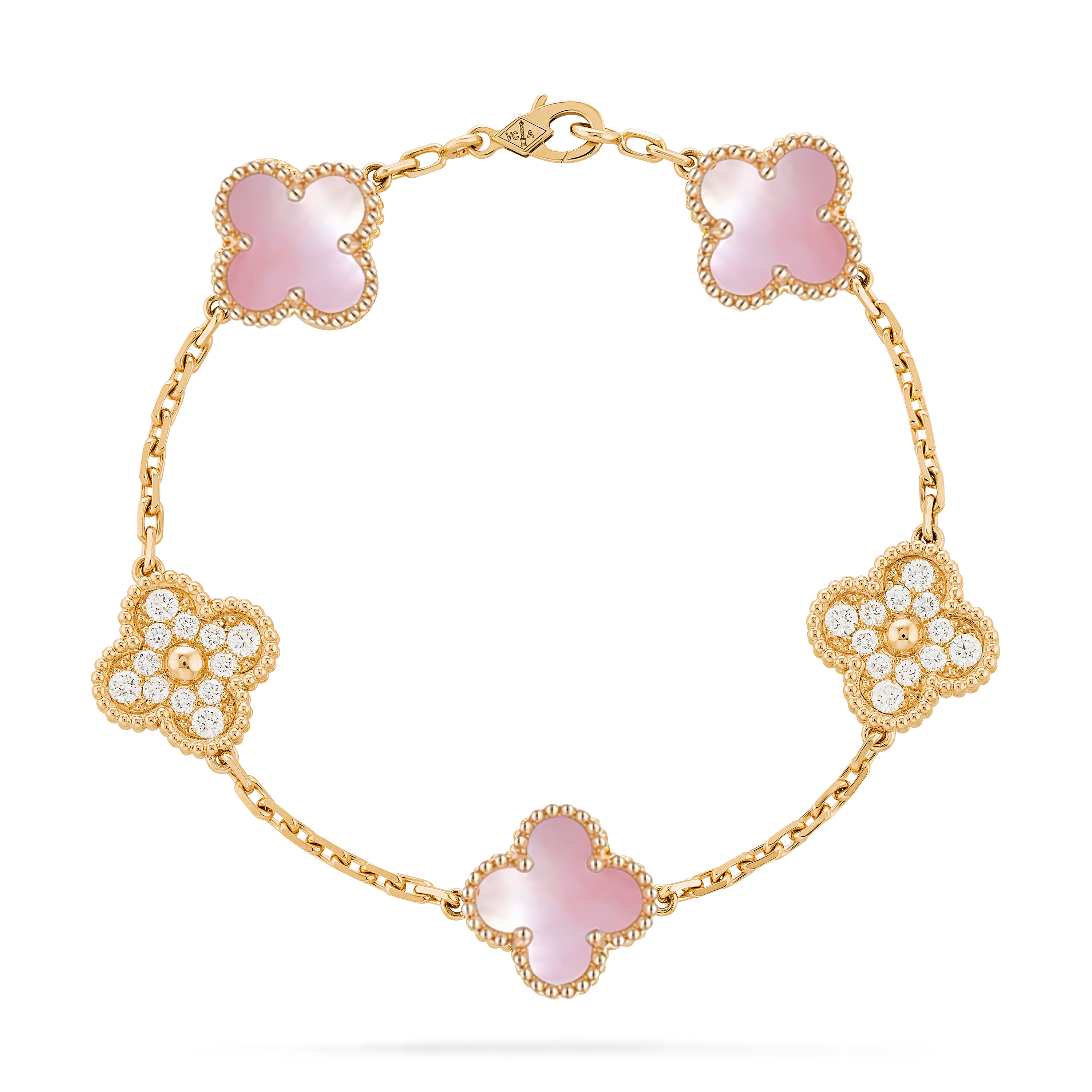VCS003 Pink mother of pearl vintage alhambra Bracelet 5 motifs - ccjewelryacc